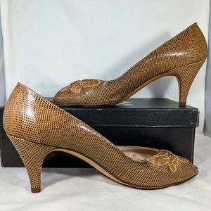 Size 8 Italian Leather Peep Toe  Pumps Wit Floral Snakeskin Pattern, Bruno Magli